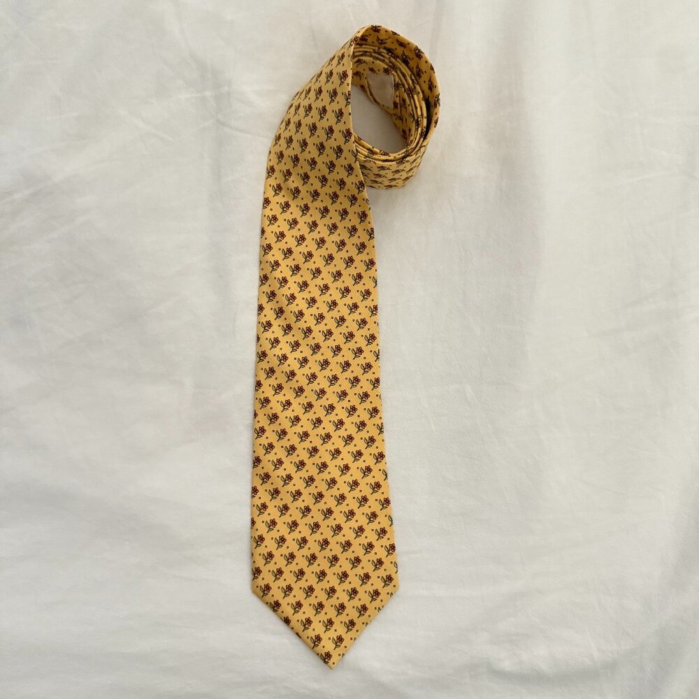 Brooks Brothers Basics Pure Silk Made in USA tie floral flower autumn fall gold